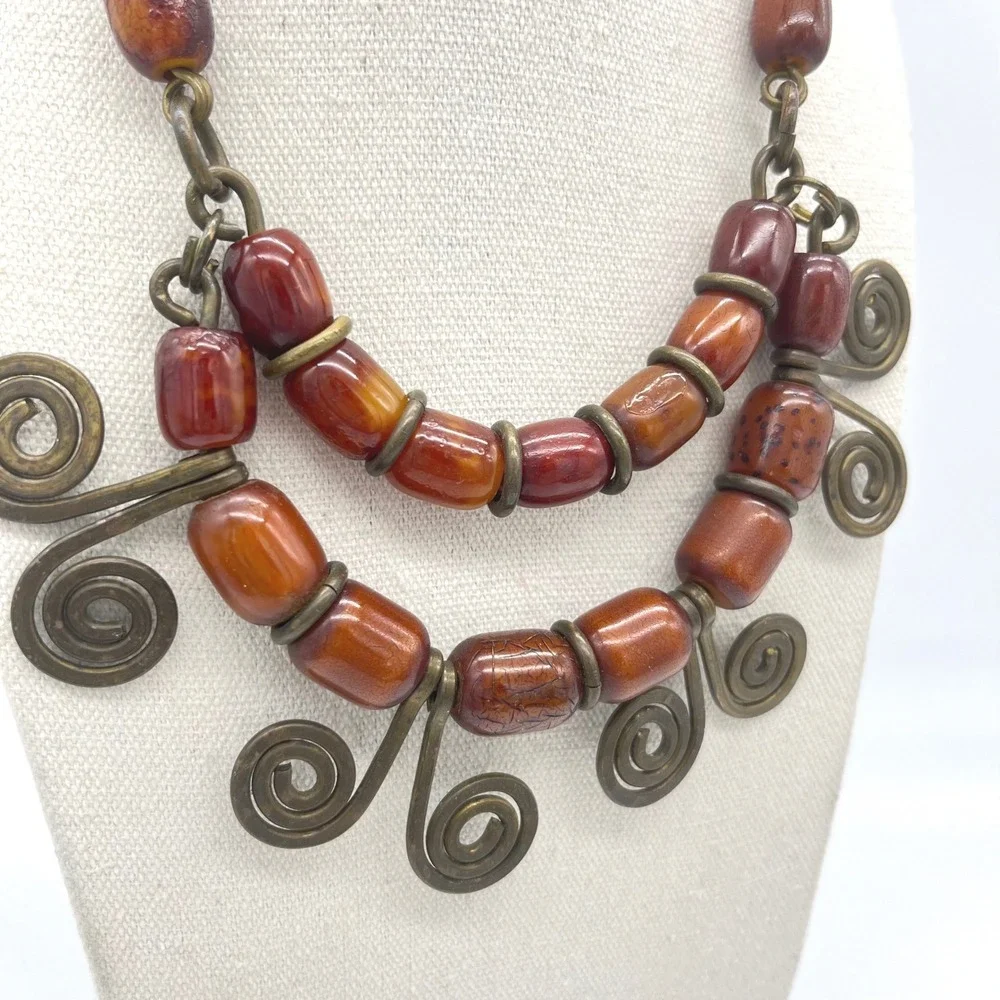 Vintage Phenolic Bakelite Brass Spiral Bib‎ Statement Necklace Tribal